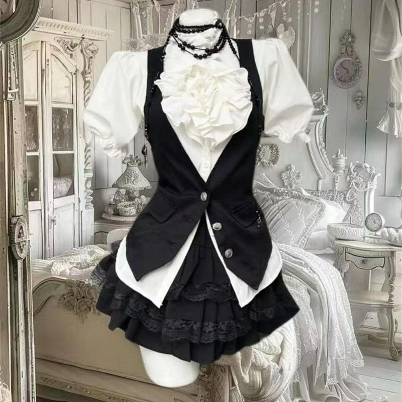 Summer Clothing Aesthetic - Y2kความงามLolitaสไตล์หวาน 3 ชิ้นชุดผู้หญิงRuffledพัฟแขนเสื้อ + สีดําSlim Fitเสื้อกั๊ก