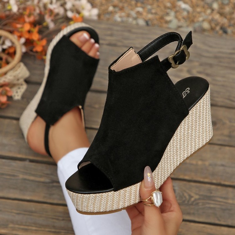 Espadrille Sandal Women - รองเท้าแตะผู้หญิงฤดูร้อนแบบสวมเปิดนิ้วเท้า ส้นเตารีด หนังกลับ สายรัดข้อเท้า แบบสวมสบาย เหมาะสำหรับใส่ไปชายหาด