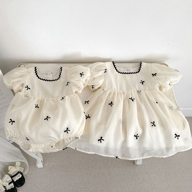 Summer Clothing Toddler - เด็กน้องสาวเสื้อผ้าฤดูร้อนเด็กผู้หญิงชุดเด็กทารกน่ารัก Bow Gauze ชุดน้องสาวพัฟแขนเด็กวัยหัดเดินชุดเจ้าหญิงหวาน