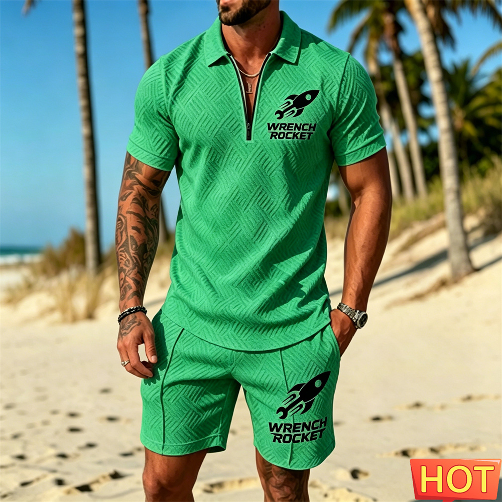 Summer Clothing Vacation - ชุดเซ็ตโปโลลำลองสำหรับผู้ชาย ชุดลำลองใส่เที่ยวพักผ่อน ชุดสองชิ้นสำหรับผู้ชาย ชุดเข้าชุดสีพื้น เสื้อผ้าผู้ชาย