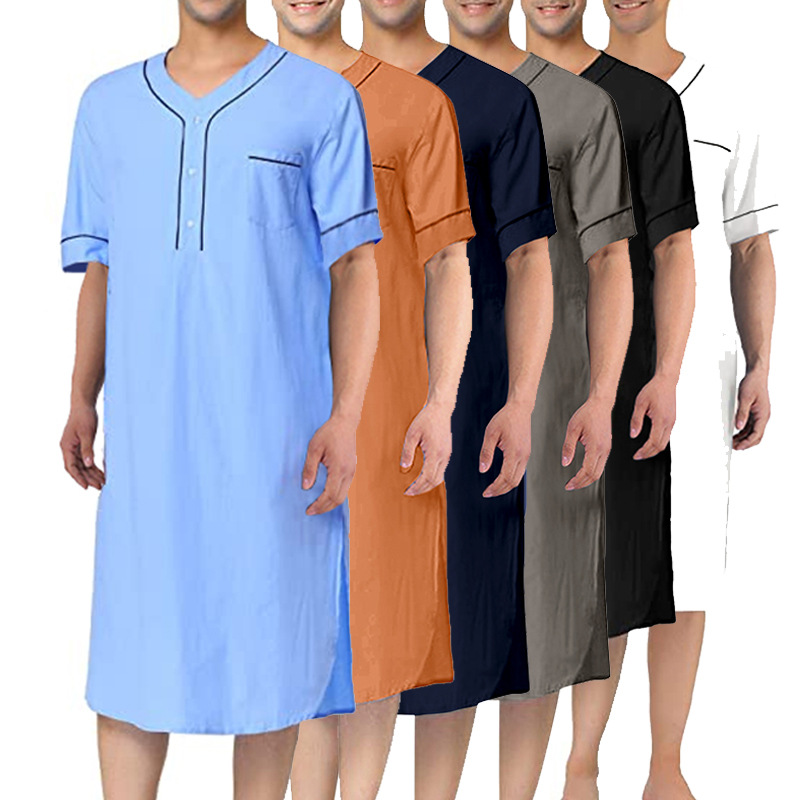 Summer Nights Clothing - ฤดูร้อนแขนสั้นผู้ชายบางใส่ในบ้านมุสลิมอิสลาม, ชุดนอนสไตล์ซาอุดิอาระเบียทรงหลวมสีทึบ