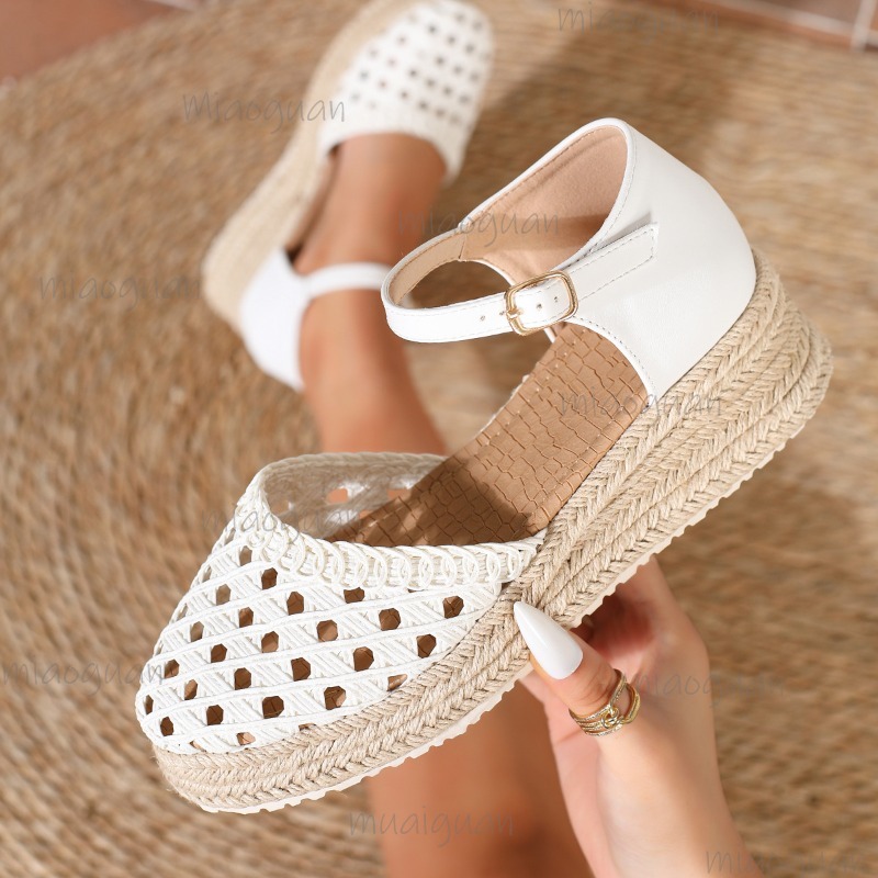 Espadrille Sandal Women - รองเท้าส้นเตารีดแบบสานสำหรับผู้หญิงสไตล์โบฮีเมียน แบบรัดข้อเท้า ปิดนิ้วเท้า พื้นหนา ระบายอากาศได้ดี รองเท้าฤดูร้อน