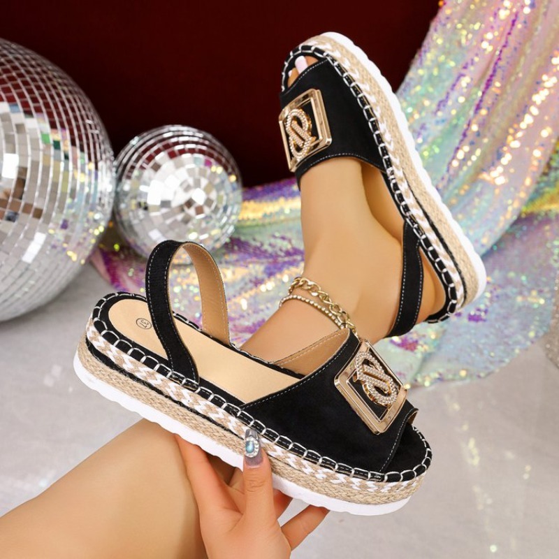 Espadrille Sandal Women - รองเท้าส้นเตารีดแบบสวมสำหรับผู้หญิง ประดับคริสตัล หัวเข็มขัดโลหะ เปิดนิ้วเท้า สายรัดส้น เหมาะสำหรับฤดูร้อน