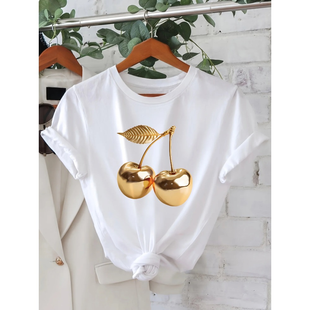 Summer Clothing Aesthetic - เสื้อยืดลำลองสำหรับผู้หญิงลายเชอร์รี่สีทองสไตล์ฮาราจูกุ แขนเสื้อแบบลำลอง เสื้อผ้าสไตล์ Y2K สำหรับผู้หญิง เสื้อผ้าแนวสตรีท