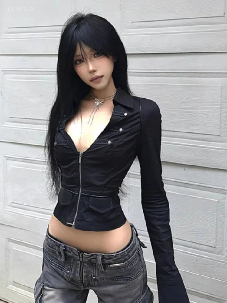 Summer Clothing Aesthetic - Y2kความงามผู้หญิงเสื้อเซ็กซี่คู่ซิปSlim Fit Grungeเสื้อHarajukuเปิดลงปกStreetwear Cropped Tops