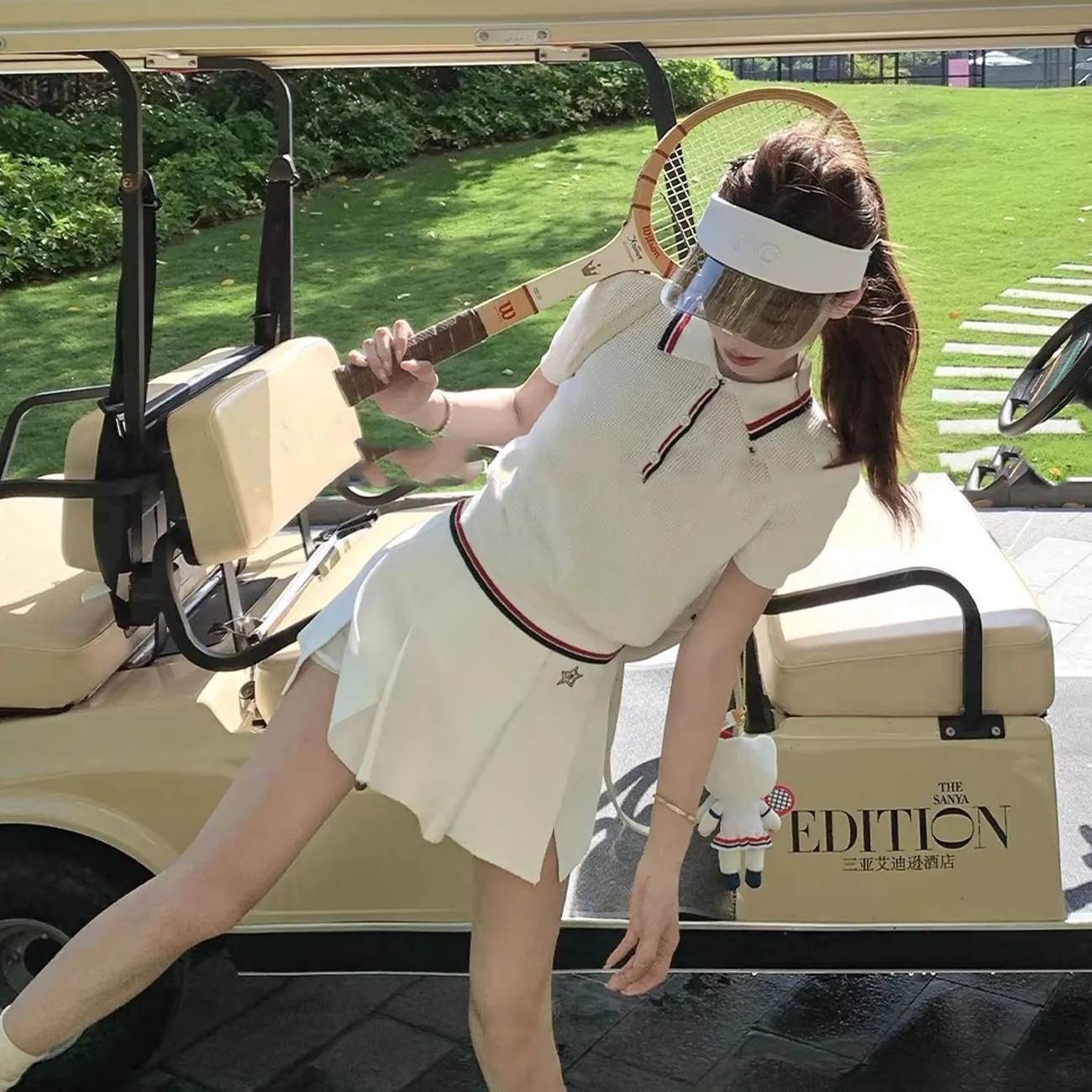 Summer Golf Clothing - ชุดกอล์ฟผู้หญิงสำหรับฤดูร้อน ซีรีส์เทนนิส เสื้อโปโลแขนสั้นผ้าวาฟเฟิลถัก กระโปรงเอวสูง ชุดสองชิ้น