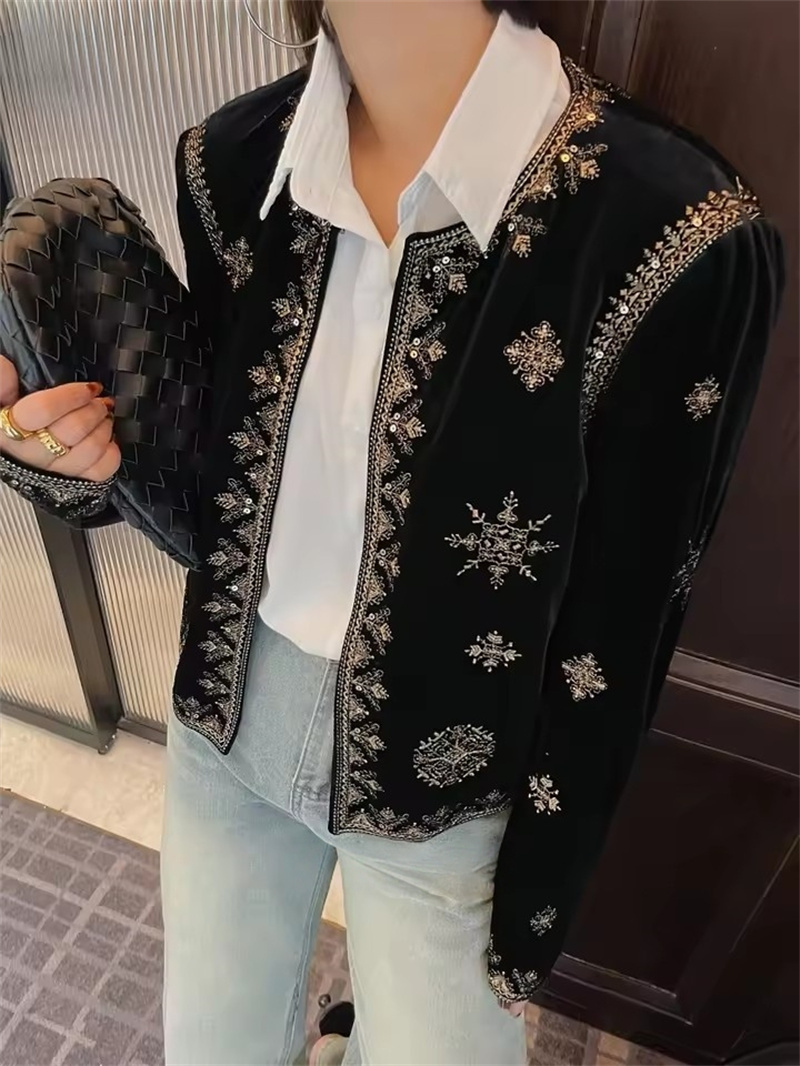 Crew Clothing Summer Jacket - แฟชั่นปักเสื้อแจ็คเก็ตสีดําเสื้อผ้าผู้หญิง 2025 ฤดูใบไม้ผลิฤดูใบไม้ร่วงVINTAGEลูกเรือคอยาวแขนยาวหลวมSequins BOMBER JACKET