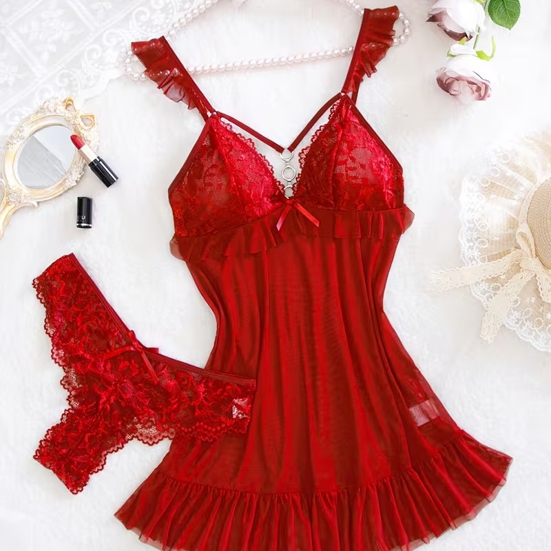 Summer Nights Clothing - ชุดชั้นในเซ็กซี่สีแดงใหม่ปี 2026 ชุดนอนซีทรูเว้าลึก ชุดชั้นในบราและกางเกงในลูกไม้ ชุดนอนนุ่มสบาย ชุดนอนสำหรับงานแต่งงาน