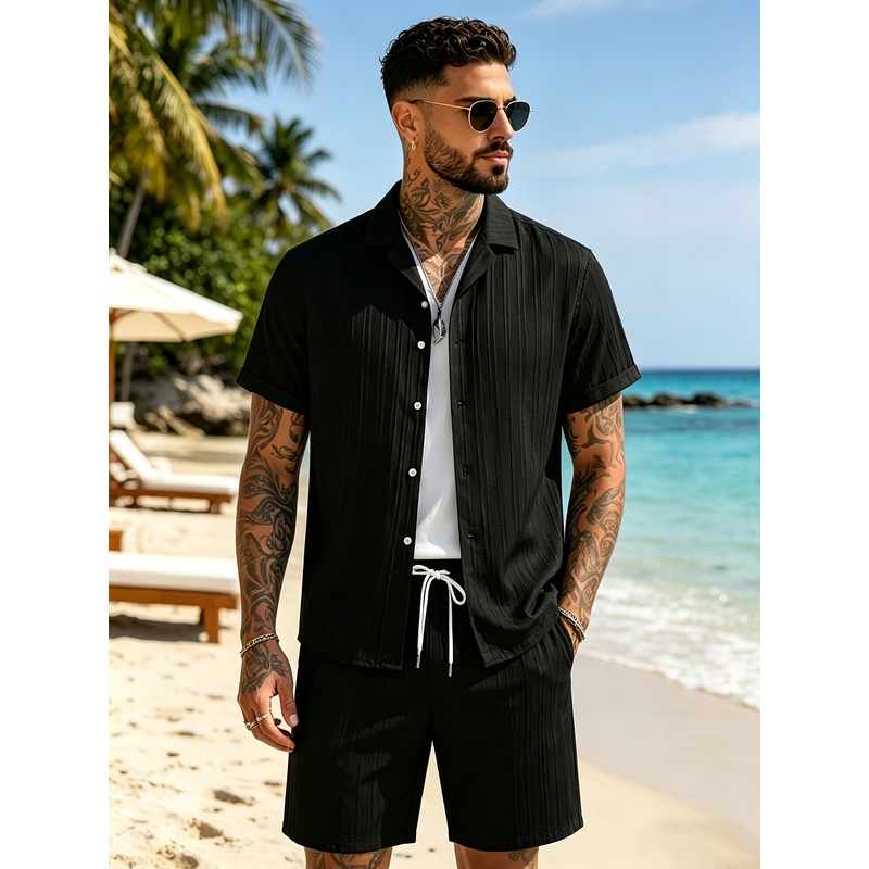 Summer Clothing Vacation - ชุดสูทลำลองฤดูร้อนสำหรับผู้ชาย 2 ชิ้น เสื้อคอปกคิวบา+กางเกงขาสั้นทรงหลวม ใส่สบายและเบา เหมาะสำหรับวันหยุดพักผ่อนที่ชายหาด