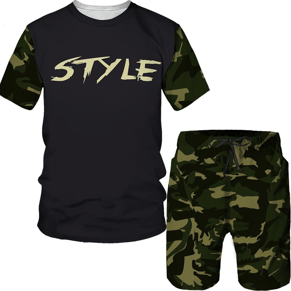 Summer Clothing Outfits - ชุดลายพรางผู้ชาย เสื้อยืดพิมพ์ลาย 3 มิติ กางเกงขาสั้น ชุด