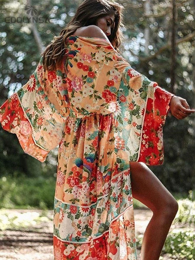 Sarong Pareo Wrap - 2025 โบฮีเมียนดอกไม้พิมพ์ด้านหน้าเปิดฤดูร้อนผู้หญิงชายหาดสวมชุดชีฟองเสื้อเซ็กซี่ Sarongs Robe de Plage