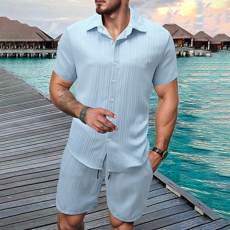Summer Clothing Outfits - ชุดเซ็ต 2 ชิ้น เสื้อเชิ้ตแขนสั้นปกตั้งลายย่นแนวตั้งสำหรับผู้ชาย ปี 2026