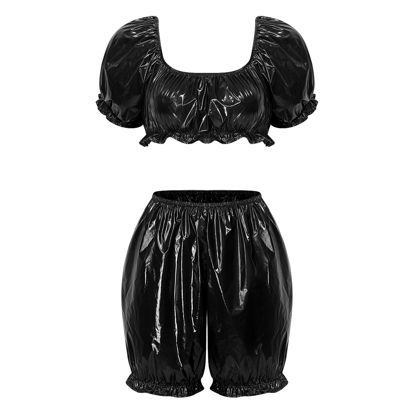 Summer Clothing Outfits - ชุดคลับแวร์หนัง PU แบบเปียกสำหรับผู้หญิง เสื้อครอปแขนระบายผ้าไวนิลและกางเกงขาสั้นบลูมเมอร์ ชุดว่ายน้ำไวนิลกันน้ำแบบปรับได้