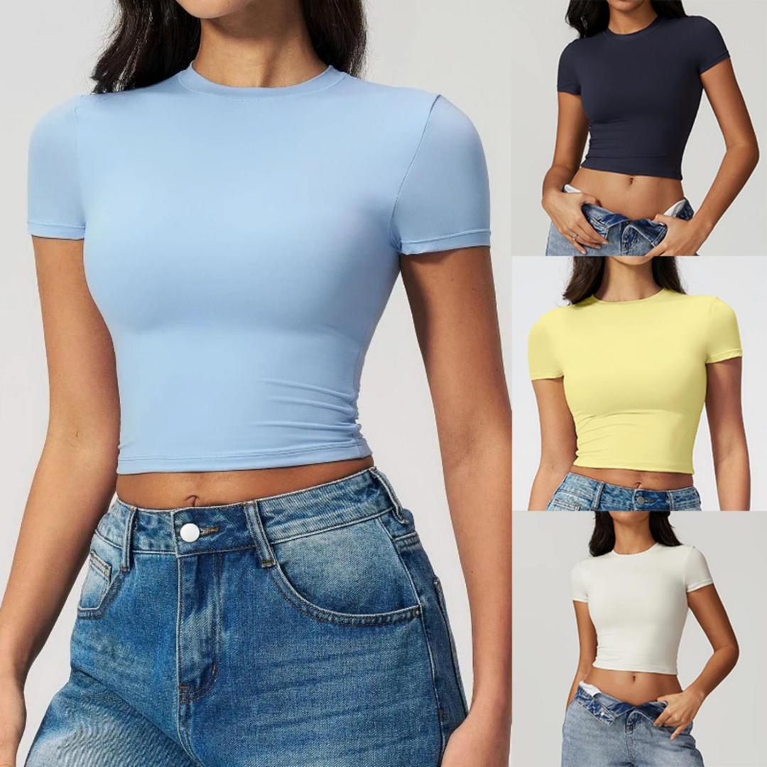 Summer Yoga Clothing - เสื้อยืดกีฬาผู้หญิงแบบรัดรูป แห้งเร็ว แขนสั้น เหมาะสำหรับโยคะ พิลาทิส วิ่งออกกำลังกาย