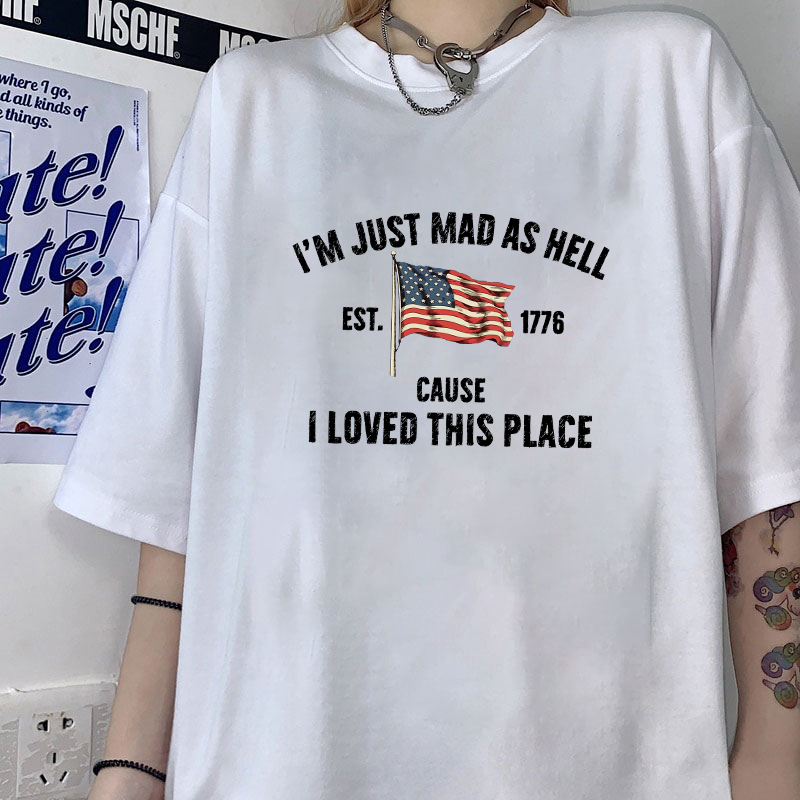 Summer Clothing Places - 1776 สาเหตุที่ฉันชอบสถานที่นี้ เสื้อยืดพิมพ์ลายธงชาติอเมริกัน เสื้อยืดลำลองฤดูร้อน คอกลม สำหรับผู้หญิง