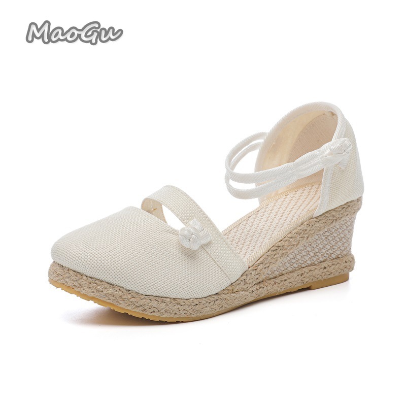 Espadrille Sandal Women - รองเท้าส้นเตารีดผ้าลินินสำหรับผู้หญิง รองเท้าแตะแบบสวมเปิดนิ้วเท้า สายรัดข้อเท้า น้ำหนักเบา เหมาะสำหรับฤดูร้อน รองเท้าลำลองสำหรับวันหยุดพักผ่อน