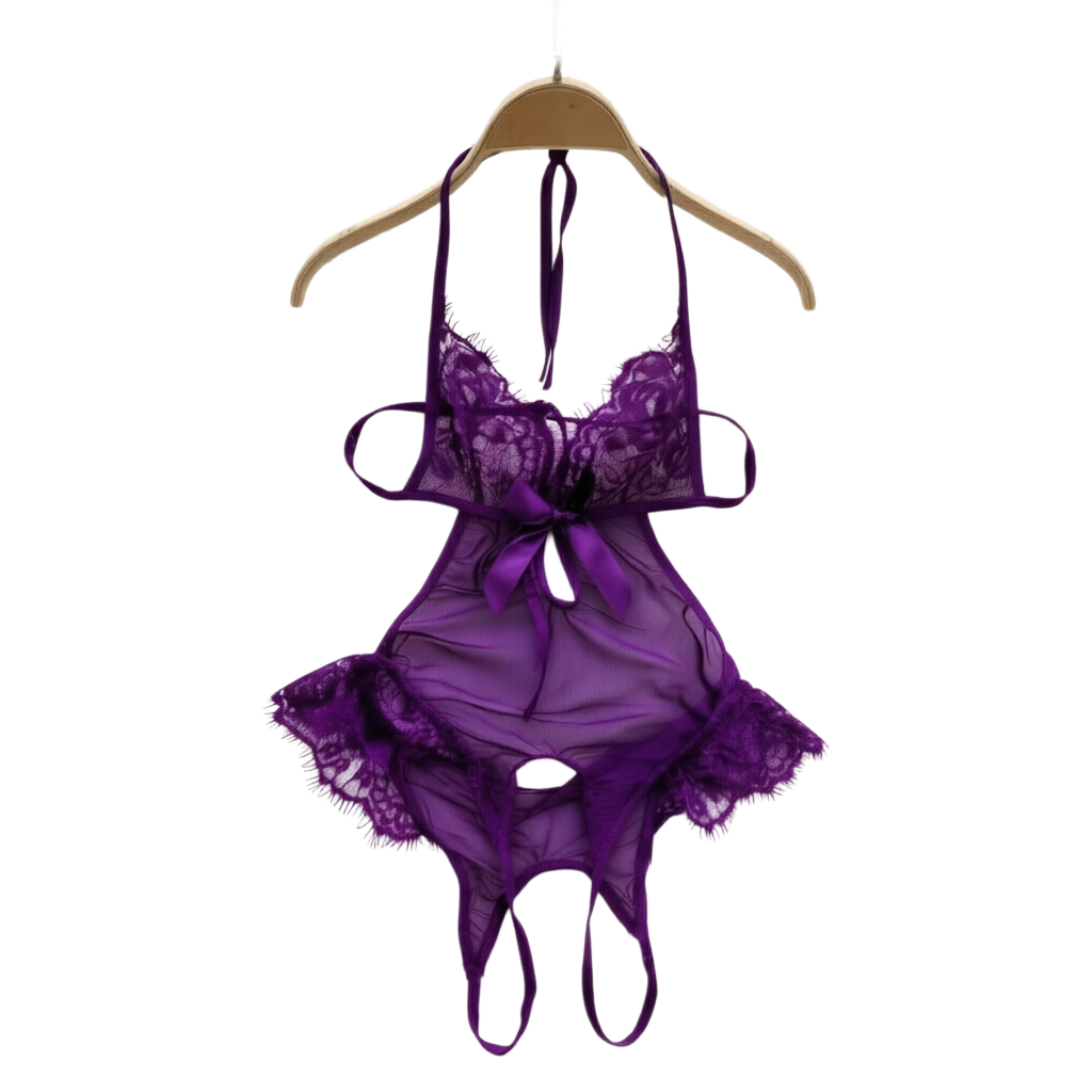 Summer Nights Clothing - ชุดชั้นในเซ็กซี่สำหรับผู้หญิง ชุดบอดี้สูทลูกไม้ผ้าทูลล์ โบว์ผูกเปิดเป้า ชุดบอดี้สูทลูกไม้ ชุดชั้นในผู้หญิง ชุดนอนเซ็กซี่