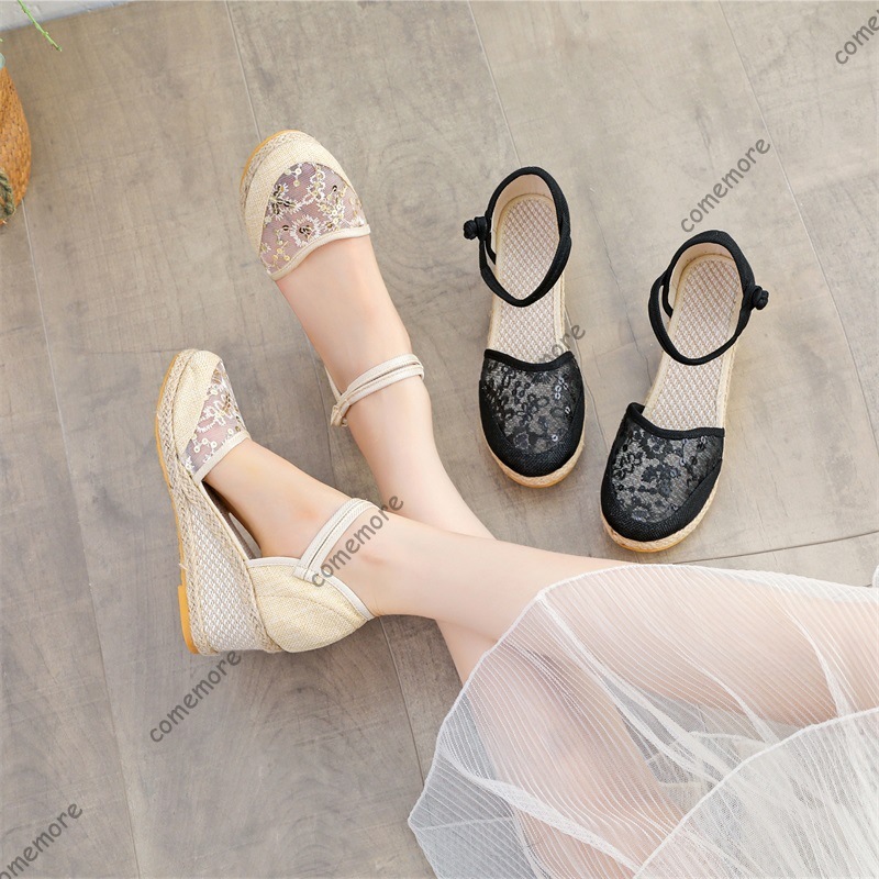 Espadrille Sandal Women - รองเท้าส้นเตารีดแบบสานตาข่ายสำหรับผู้หญิง สายรัดข้อเท้า ปิดนิ้วเท้า รองเท้าพื้นหนา ระบายอากาศได้ดี รองเท้าแตะสำหรับฤดูร้อน