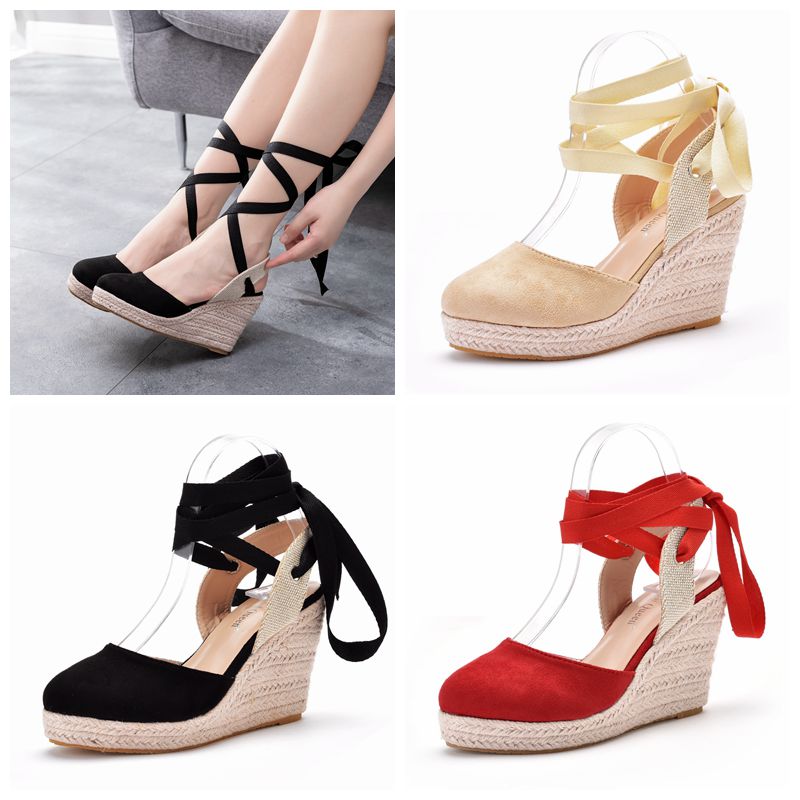 Espadrille Sandal Women - รองเท้าส้นเตารีดแบบสวมสำหรับผู้หญิง ปิดนิ้วเท้า มีสายรัดข้อเท้า แบบผูกเชือก รองเท้าสำหรับฤดูร้อน