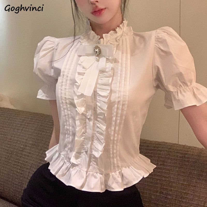 Summer Clothing Aesthetic - พัฟแขนเสื้อผู้หญิงสีขาว Ruffles ฤดูร้อน Vintage Office Lady