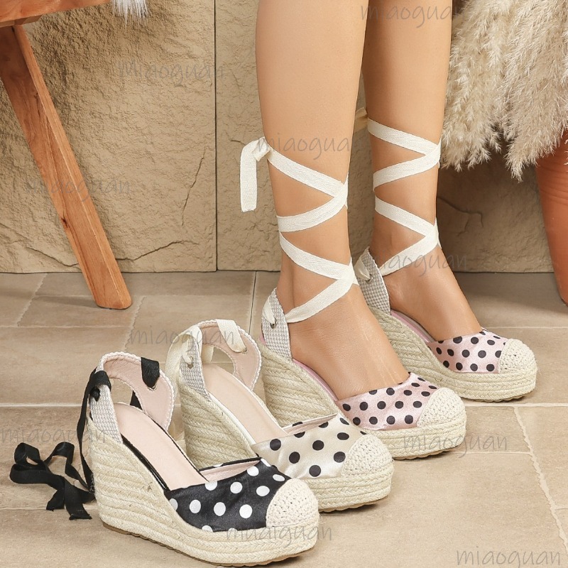 รองเท้าส้นเตารีดแบบสานลายจุดสำ - Espadrille Sandal Women บทวิจารณ์และราคา
