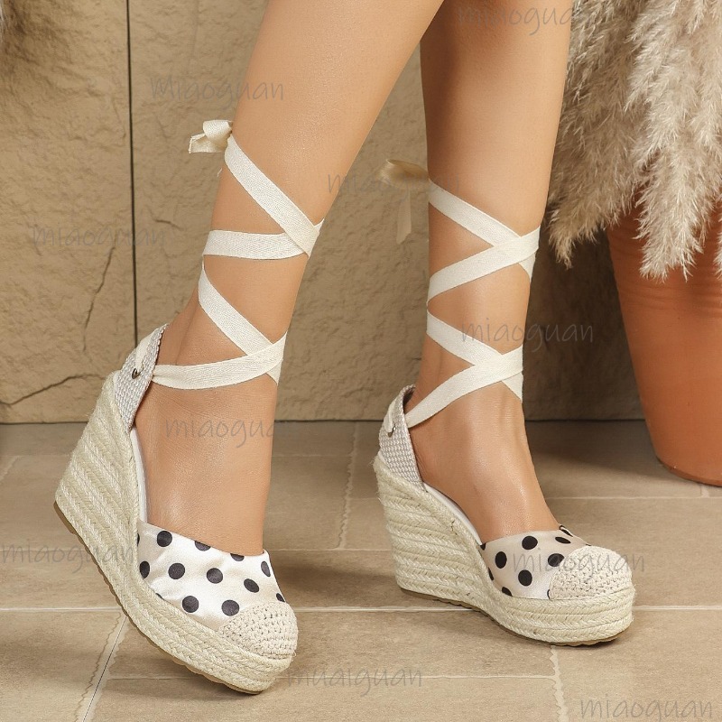 รองเท้าส้นเตารีดแบบสานลายจุดสำ - Espadrille Sandal Women บทวิจารณ์และราคา
