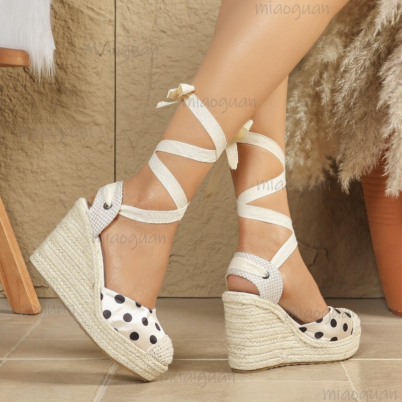 รองเท้าส้นเตารีดแบบสานลายจุดสำ - Espadrille Sandal Women บทวิจารณ์และราคา