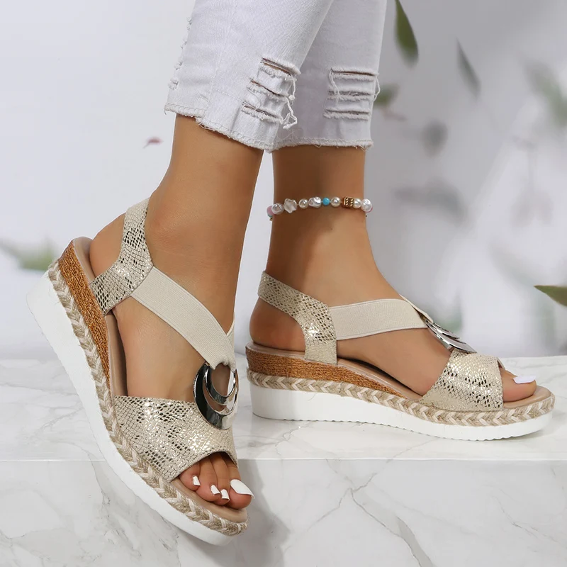 หัวเข็มขัดโลหะ WEDGE รองเท้าแต - Espadrille Sandal Women บทวิจารณ์และราคา